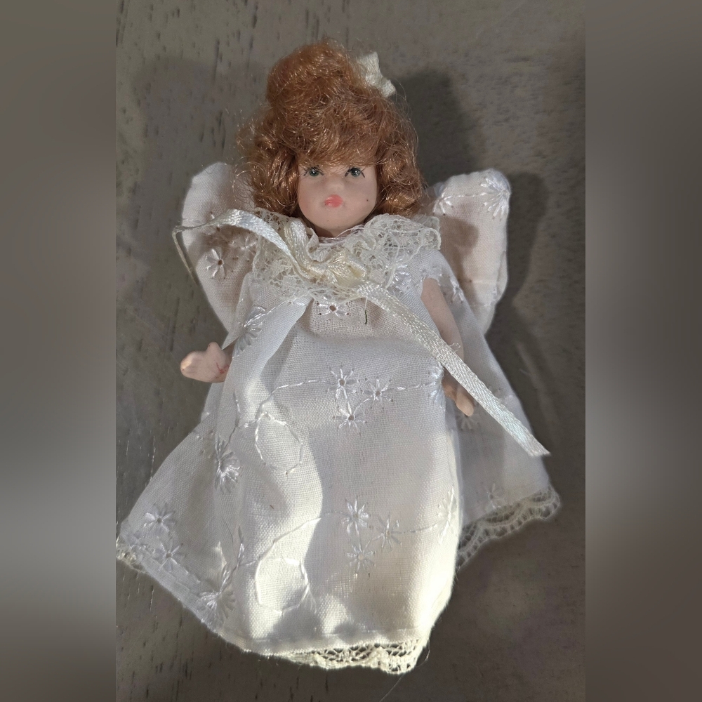 Porcelain Angel Doll Ornament with White Lace Dress